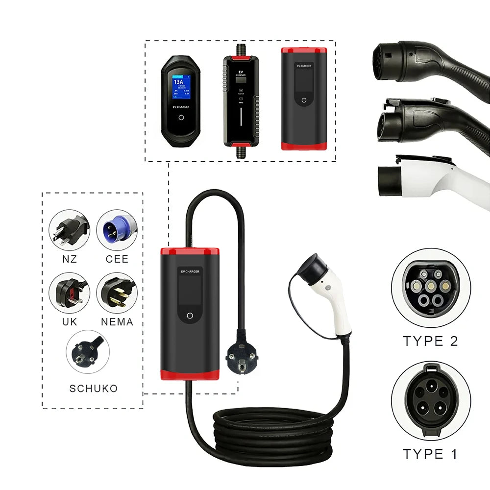 SUNSPIRE Portable 3.5kw 11kw 22kw EV Charger Ac Electric Car Ev Charging Station Charger Type1/Type 2/GBT 5 meters cable