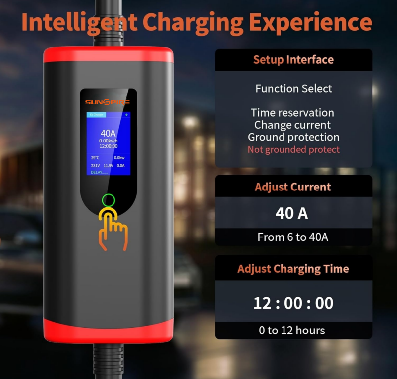 SUNSPIRE Portable 3.5kw 11kw 22kw EV Charger Ac Electric Car  Ev Charging Station Charger Type1/Type 2/GBT 5 meters cable