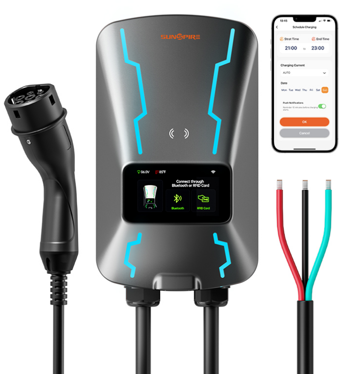 Sunspire EV Charger Smart Display, RFID Card,WiFi Outdoor/Indoor, Hardwired EV Car Charger Level 2 240V Electric Vehicle Charging Stations