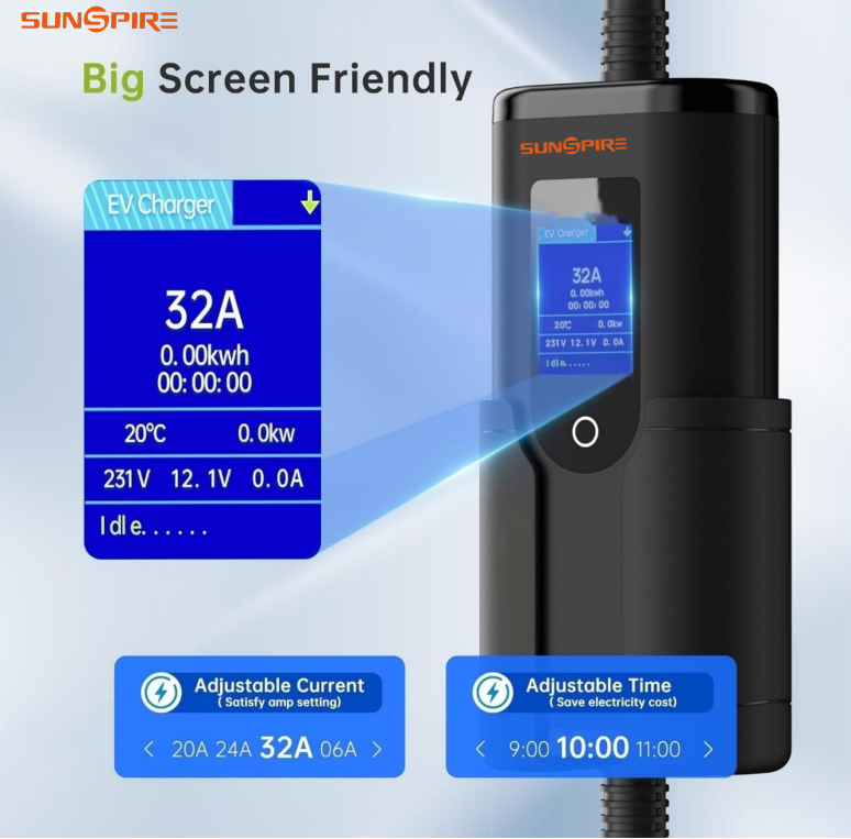 SUNSPIRE Portable 3.5kw 11kw 22kw EV Charger Ac Electric Car  Ev Charging Station Charger Type1/Type 2/GBT 5 meters cable