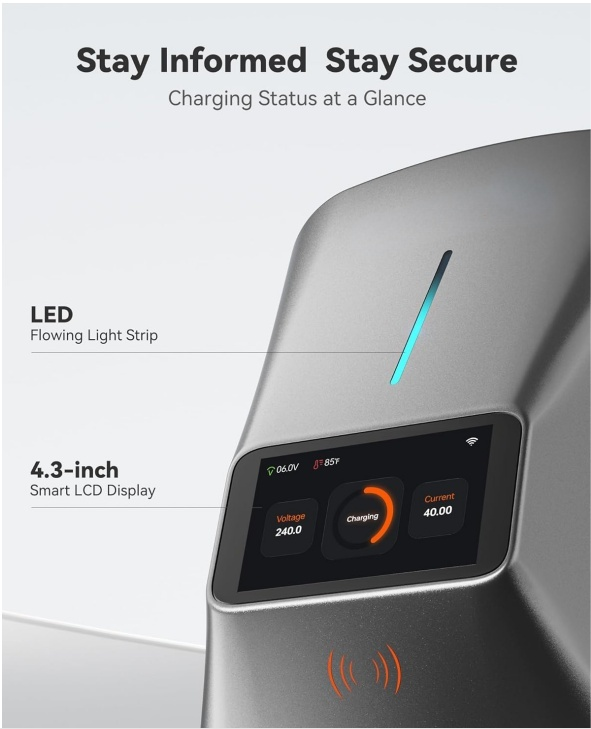 Sunspire EV Charger Smart Display, RFID Card,WiFi Outdoor/Indoor, Hardwired EV Car Charger Level 2 240V Electric Vehicle Charging Stations