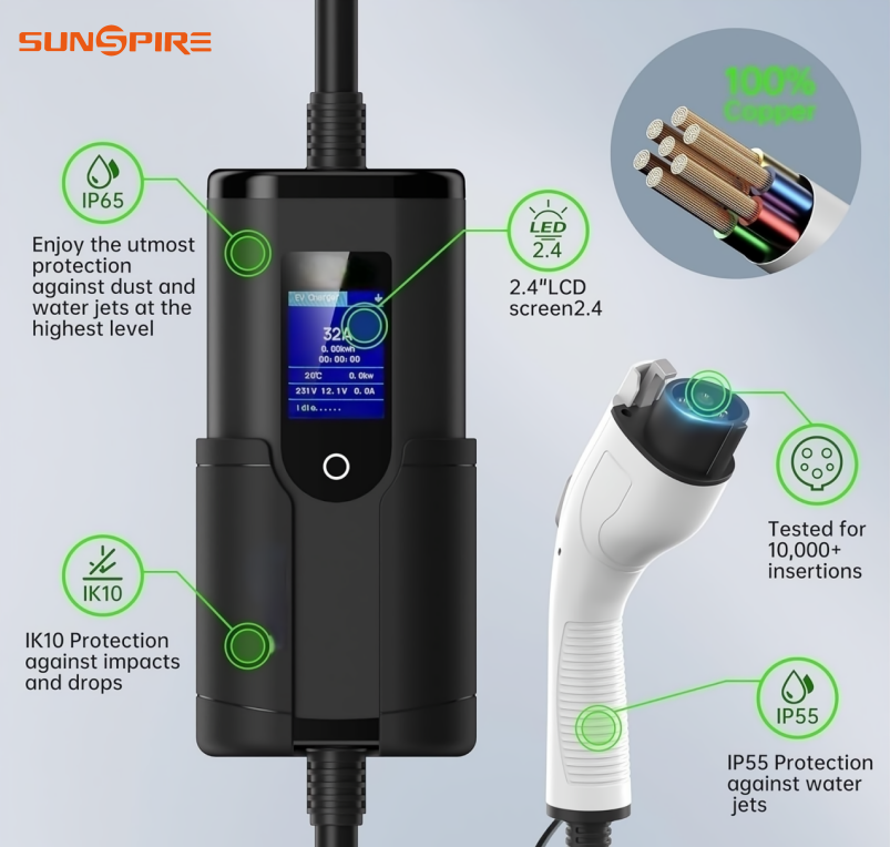 SUNSPIRE Portable 3.5kw 11kw 22kw EV Charger Ac Electric Car  Ev Charging Station Charger Type1/Type 2/GBT 5 meters cable