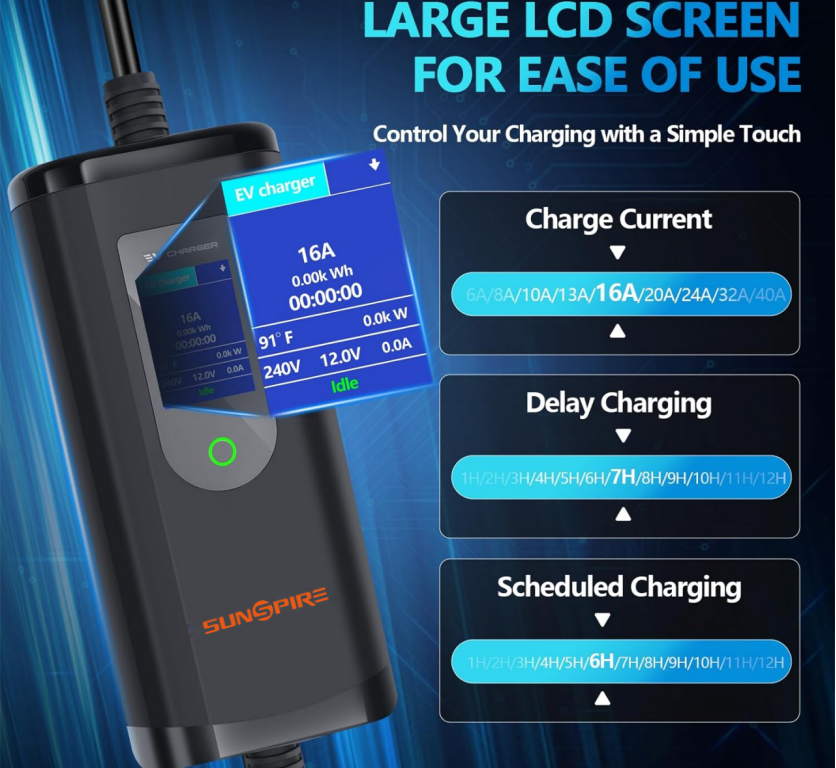 SUNSPIRE Portable 3.5kw 11kw 22kw EV Charger Ac Electric Car  Ev Charging Station Charger Type1/Type 2/GBT 5 meters cable